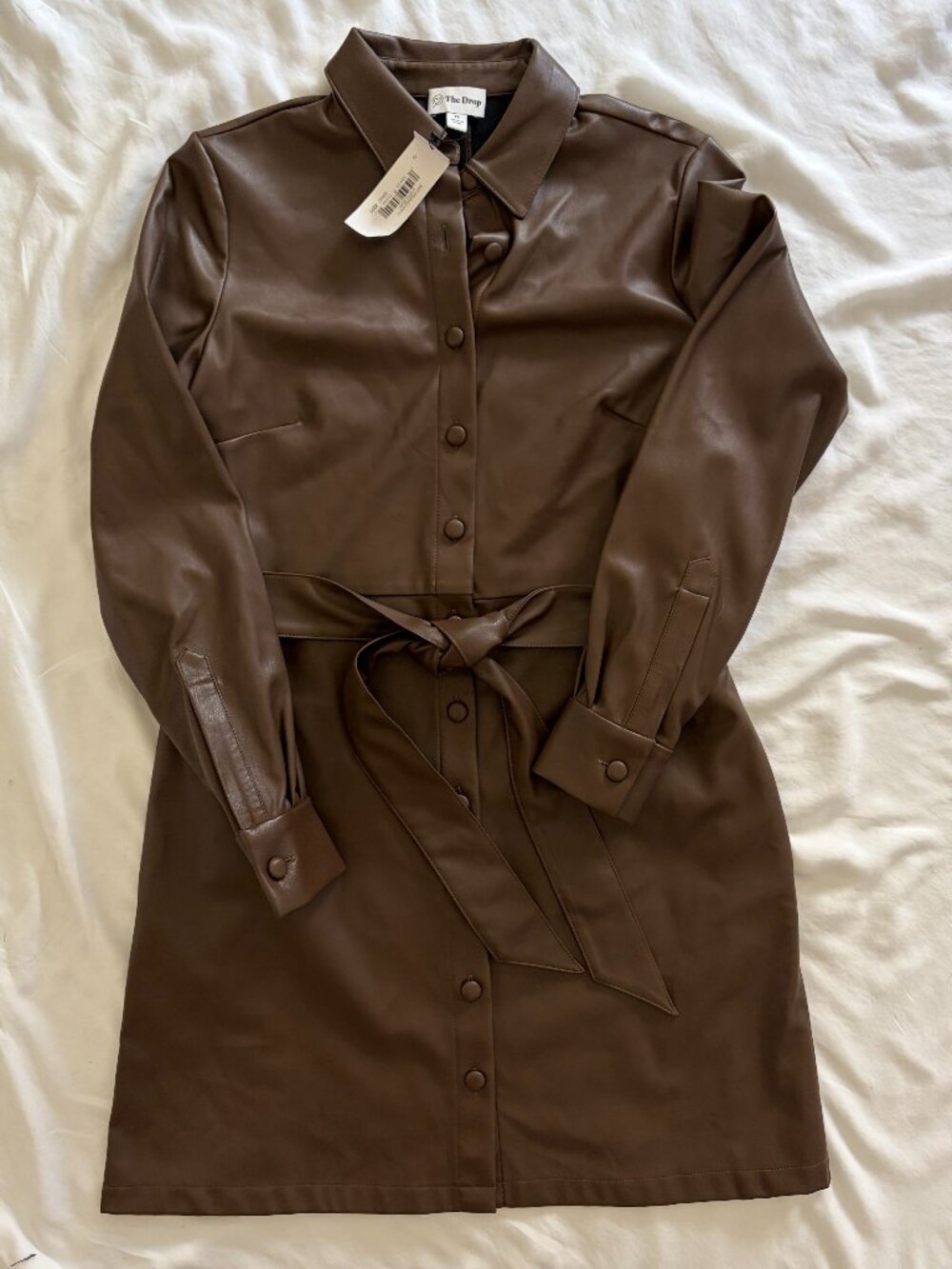 NWT The Drop Brown Leather Short Long Sleeve Mini Dress Size XS